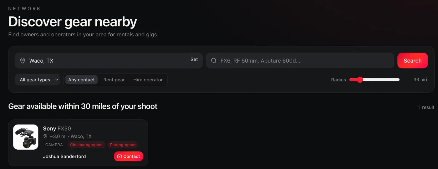 Discover gear nearby page showing a Sony FX30 available within 30 miles of Waco, TX with operator contact