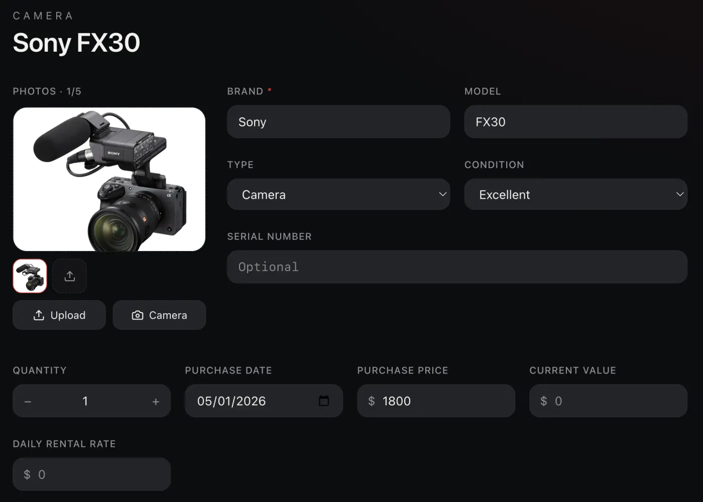 Gear detail page for a Sony FX30 camera with photos, brand, model, condition, serial, purchase date and price