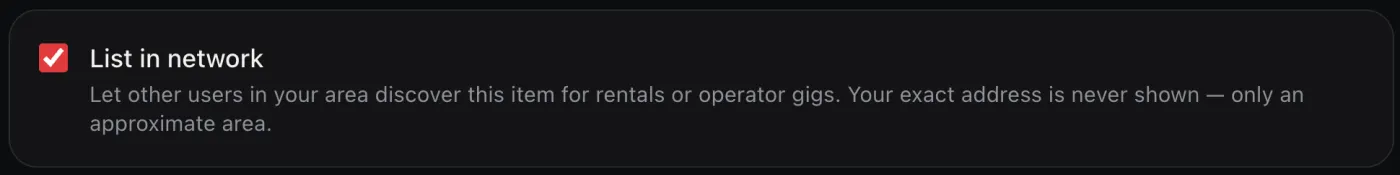 Toggle that lets a user list a single item in the RigPrep network